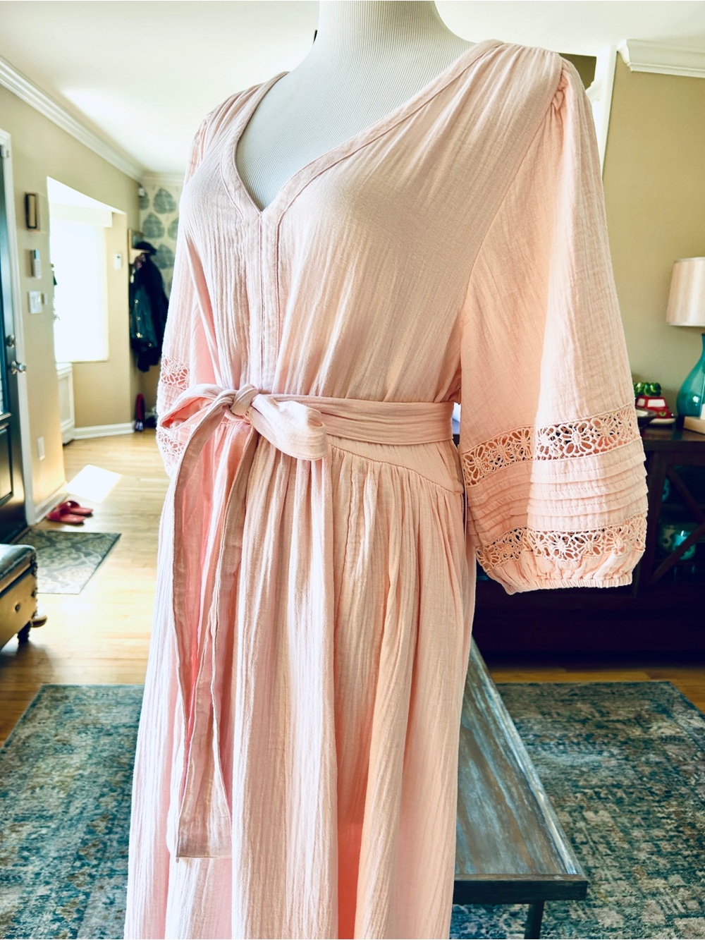 Caslon Pink Cotton Gauze Maxi Dress Puff Sleeve Crochet Lace Pintuck XL NWT - Picture 7 of 16